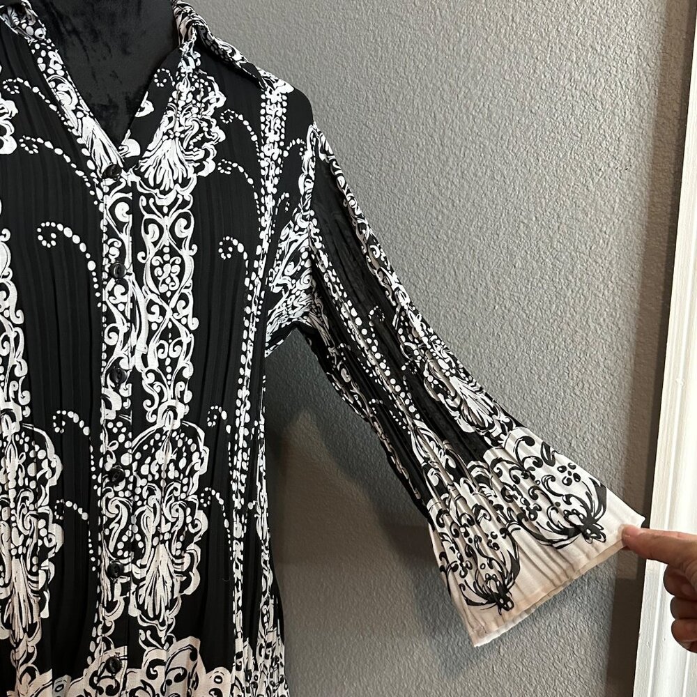 Blouse Womens Large Baroque Black White Pleated Bell Sleeve Button Up Retro Chic - Picture 3 of 8